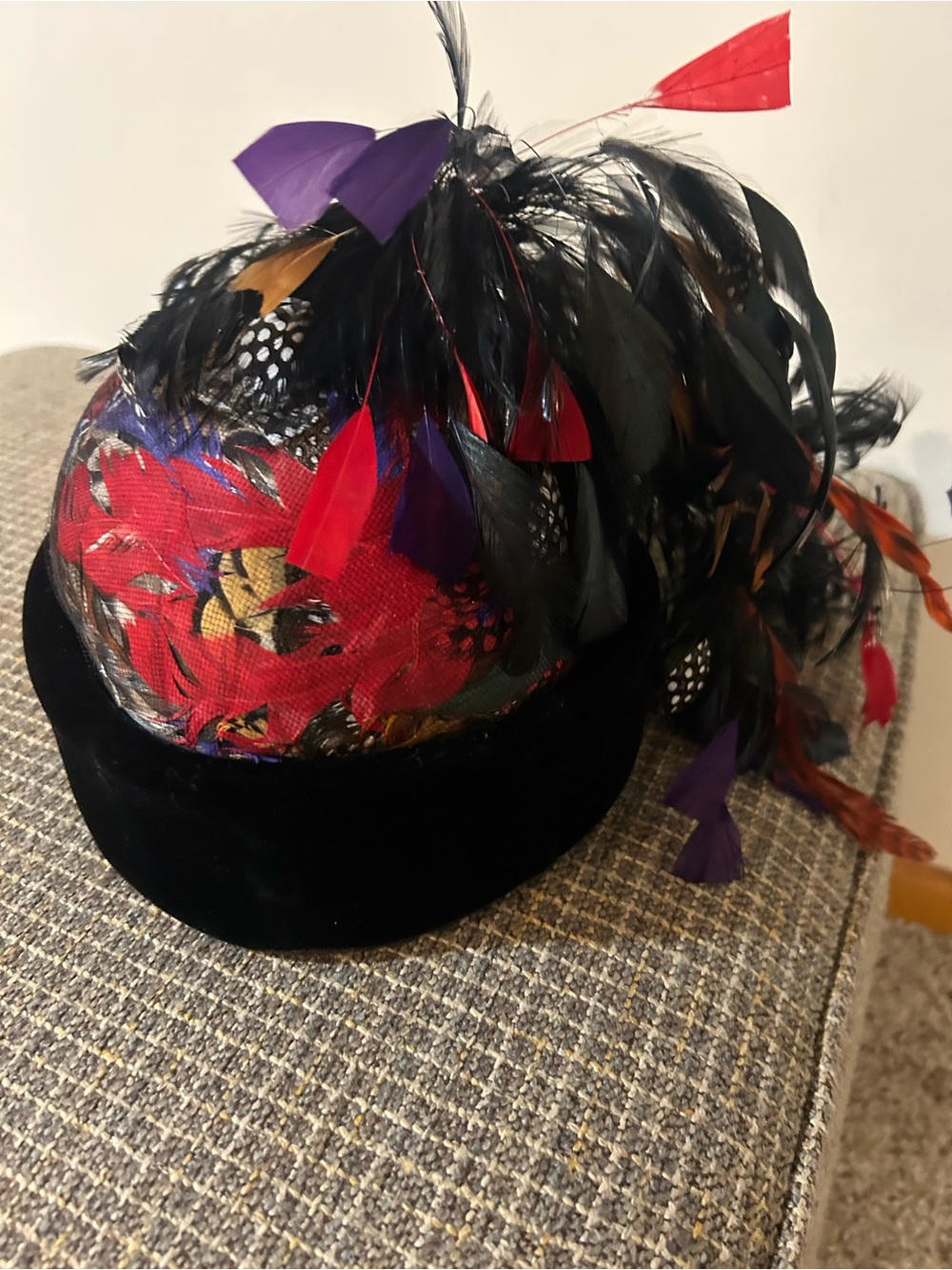 Vintage-Inspired Black Velvet Cocktail Hat with Red & Purple Feather Accents